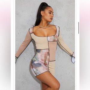 Nude Printed Patchwork
Detail Overlock Stitch Long
Sleeve Bodycon Dress